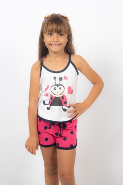 Pijama Alça Feminino Infantil -Joana Pink Poá Marinho