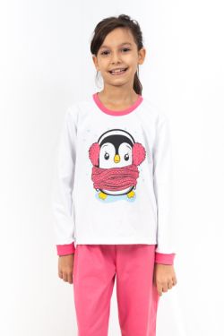 Pijama Manga Longa Feminino Infantil - Pinguim - Rosa Chiclete