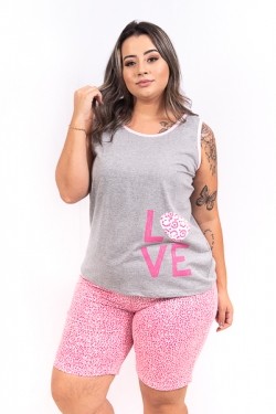 Pijama Regata Feminino Adulto Plus Size - Mescla Cinza Love Corações-Onça