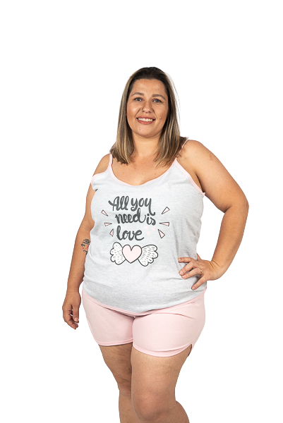 Pijama Alça Feminino Adulto Plus Size - All You Need Is Love-Rosa Bebê  - LAÇOS DE FITA PIJAMAS