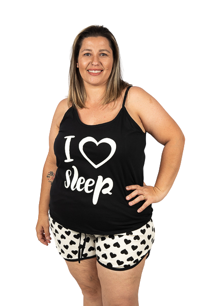 Pijama Alça Feminino Adulto Plus Size -I Love Sleep-Coração Preto - LAÇOS DE FITA PIJAMAS