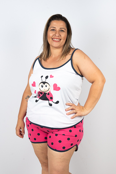 Pijama Alça Feminino Adulto Plus Size -Joana Pink Poá Marinho - LAÇOS DE FITA PIJAMAS