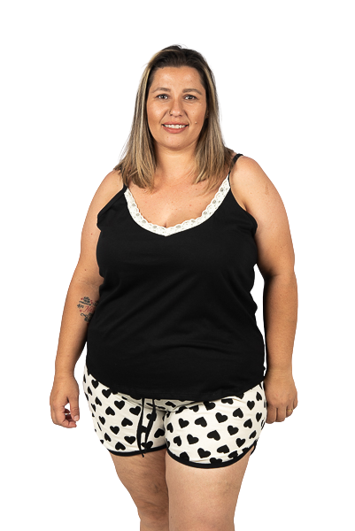 Pijama Alça Feminino Adulto Plus Size -Preto Renda Marfim-Coração Preto