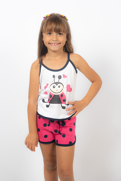 Pijama Alça Feminino Infantil -Joana Pink Poá Marinho
