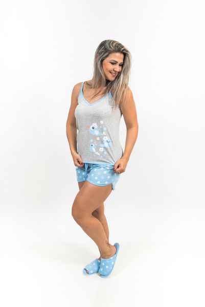 Pijama Alça Feminino Adulto - Passarinho Floral Azul