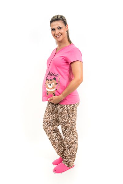 Pijama Manga Curta Calça Maternidade - Onça Pink