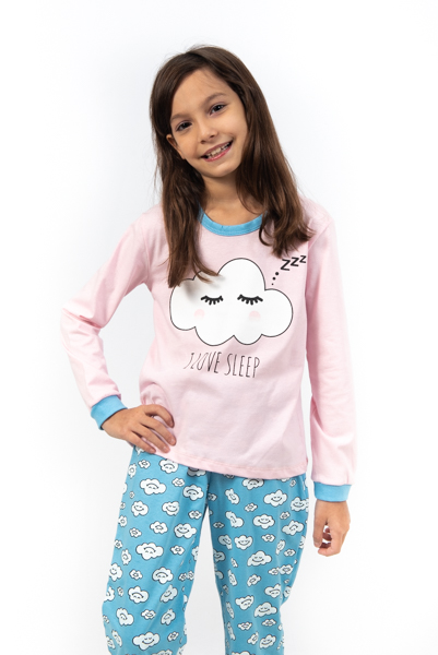 Pijama Manga Longa Feminino Infantil - Rosa Bebê - Nuvem