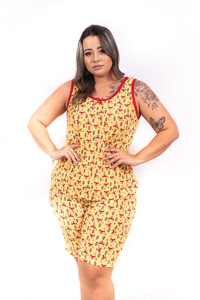 Pijama Regata Feminino Adulto Plus Size Liganete - Amarelo Raposa Vermelha