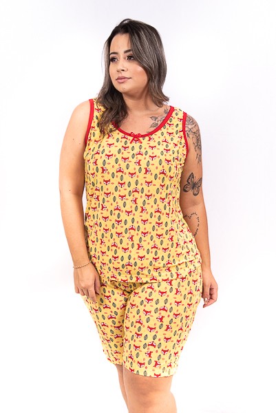 Pijama Regata Feminino Adulto Plus Size Liganete - Amarelo Raposa Vermelha