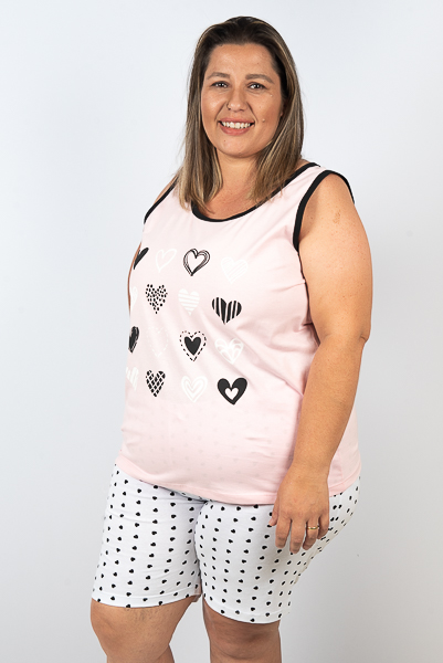 Pijama Regata Feminino Adulto Plus Size - Rosa Bebê- Corações Preto