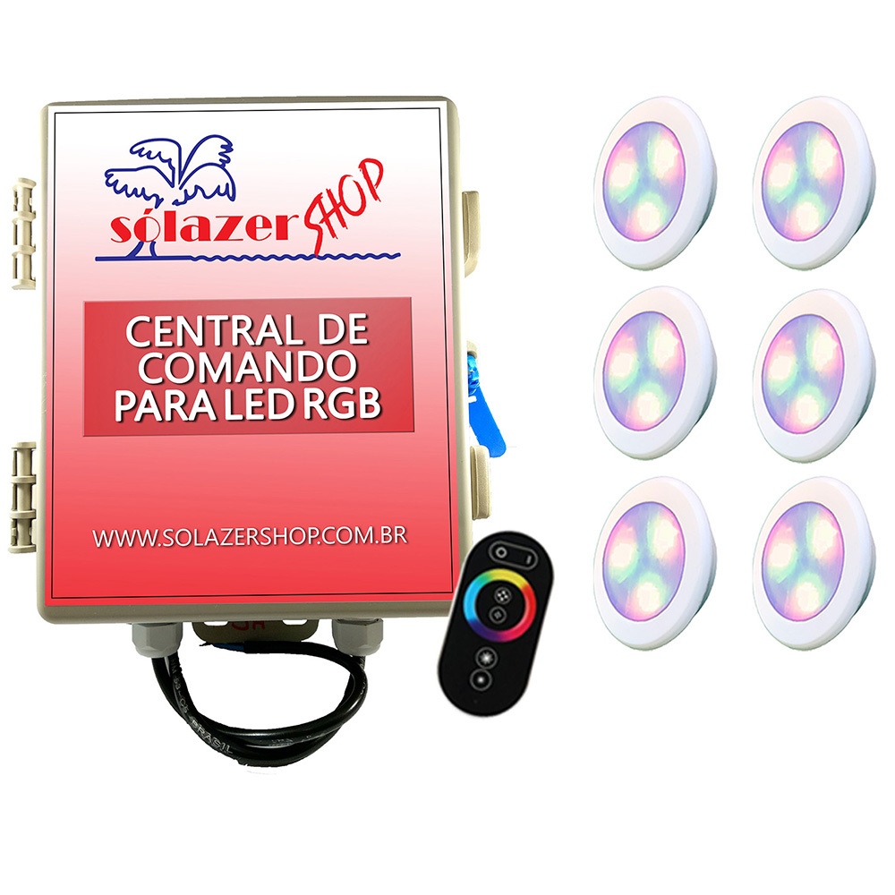 Kit 6 Led Piscina RGB 6W ABS Divina Lux + Central + Controle