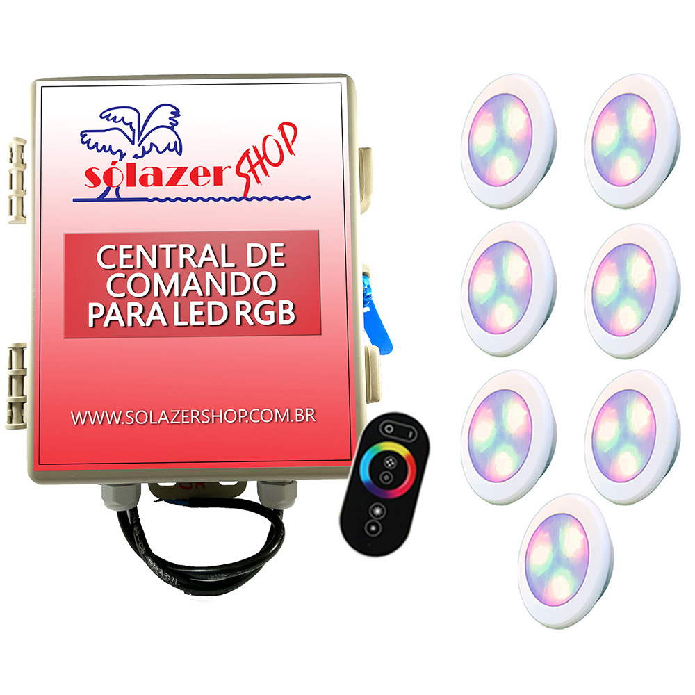 Kit 7 Led Piscina RGB 6W ABS Divina Lux + Central + Controle