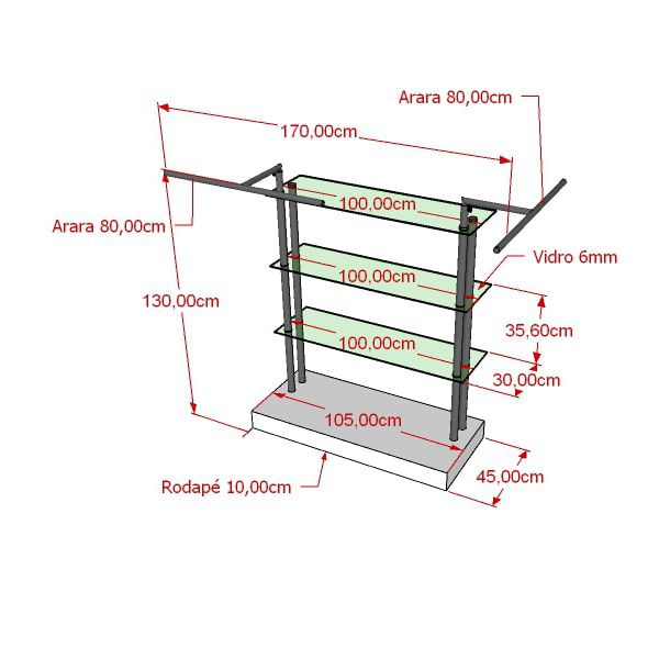 Balcão para exposição 4 niveis com vidro e cabideiro duplo 170x130x50 cm Comac