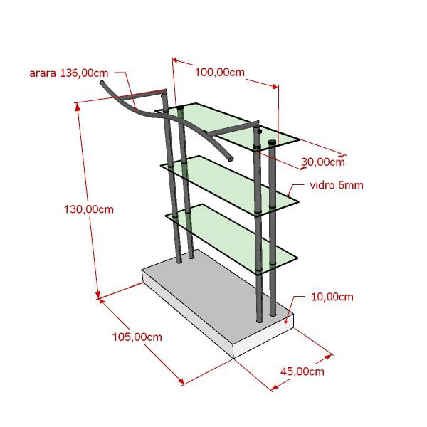 Balcão para exposição 4 niveis com vidro e cabideiro onda 136x130x50 cm Comac