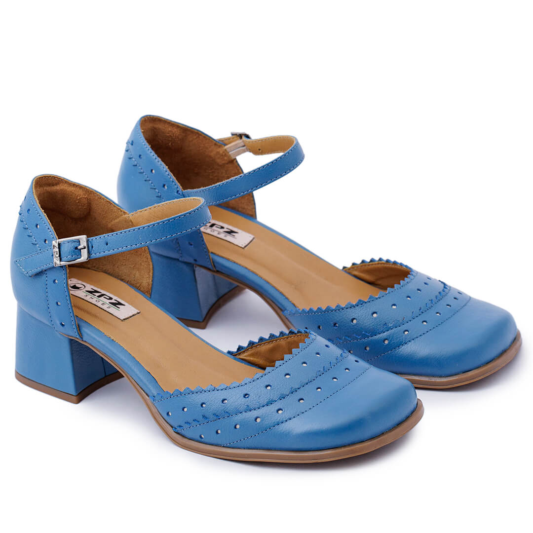 Sapato Feminino Retrô em Couro de Salto Médio Lucy Azul