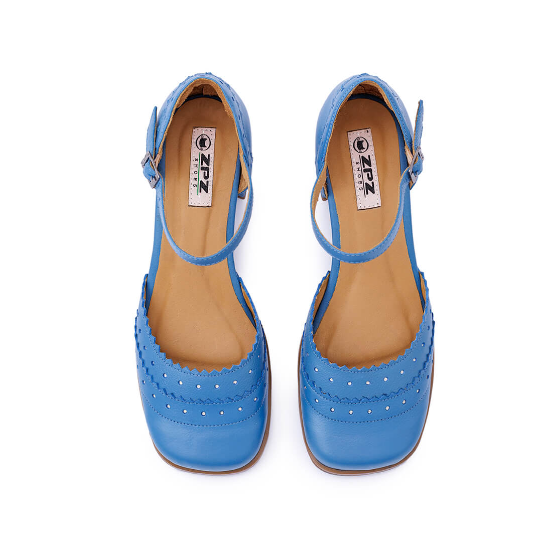 Sapato Feminino Retrô em Couro de Salto Médio Lucy Azul