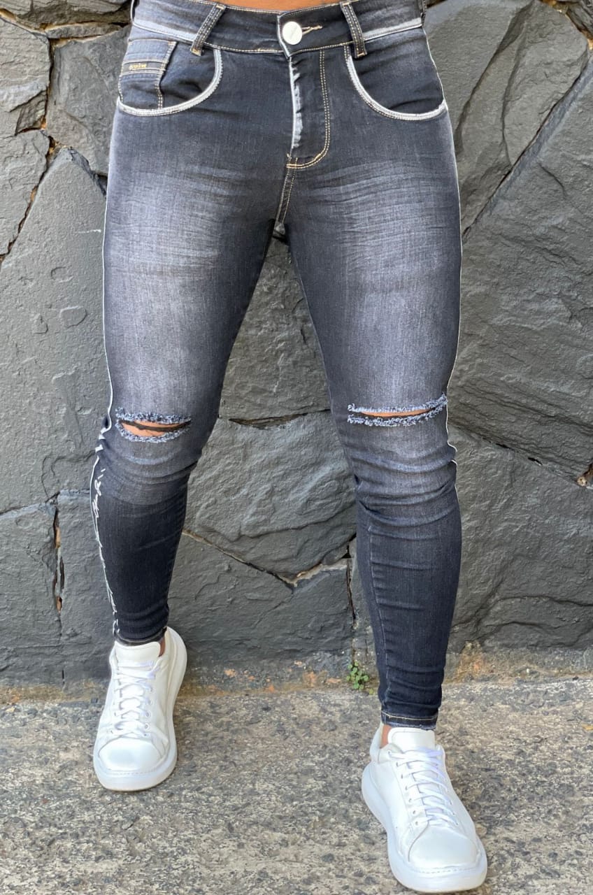 Calça Codi Jeans Skinny Cinza Detalhe Joelho  - Harpia Moda - Moda Masculina & Acessórios