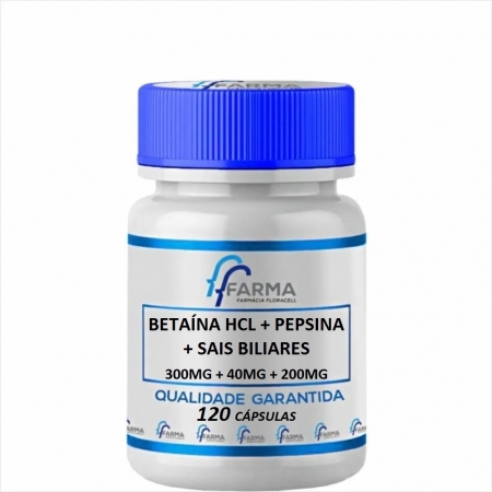 Betaína HCL 300mg + Pepsina 40mg + Sais Biliares 200mg 120 Cápsulas