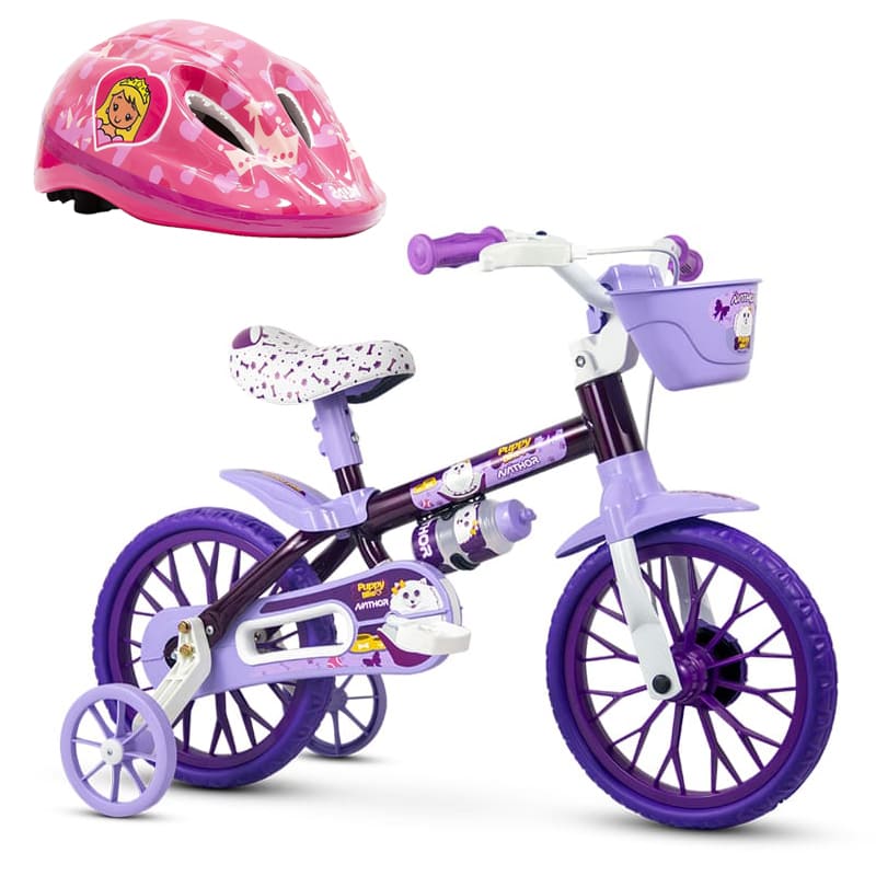 Bicicleta Infantil Nathor Puppy Aro 12 + Capacete Absolute Kids Shake Princesa