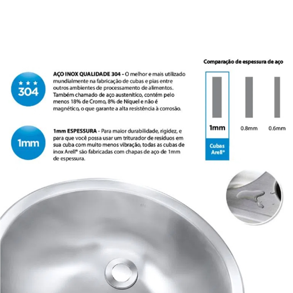 Cuba Para Banheiro Gourmet Escovada C120 Inox 304 Arell 43,2x35,6x17,8cm  - DOTEC SHOP