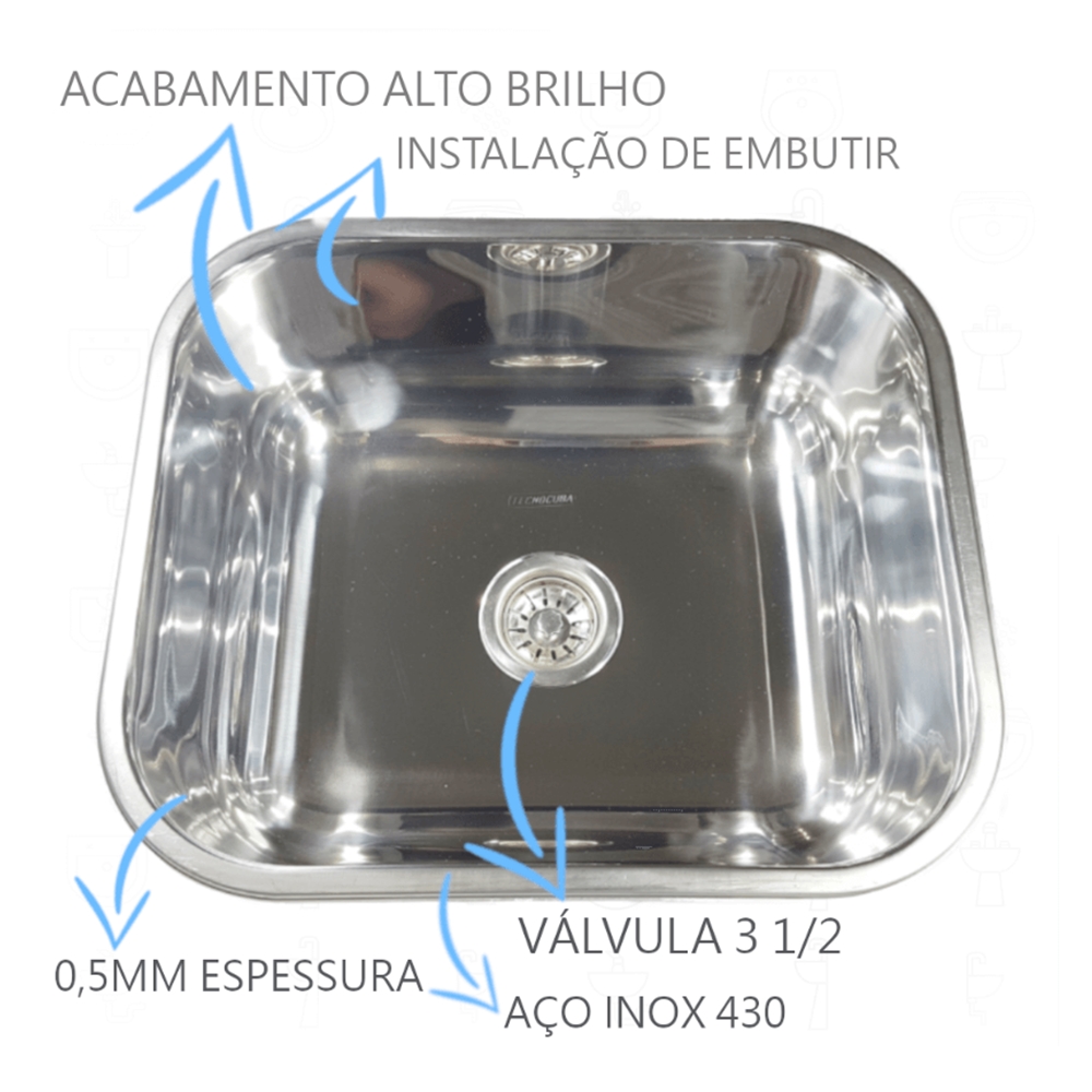 Kit Cuba Inox 430 Nº3 40x34x17cm Com Válvula, Porta Esponja e Sifão Cromado  - DOTEC SHOP