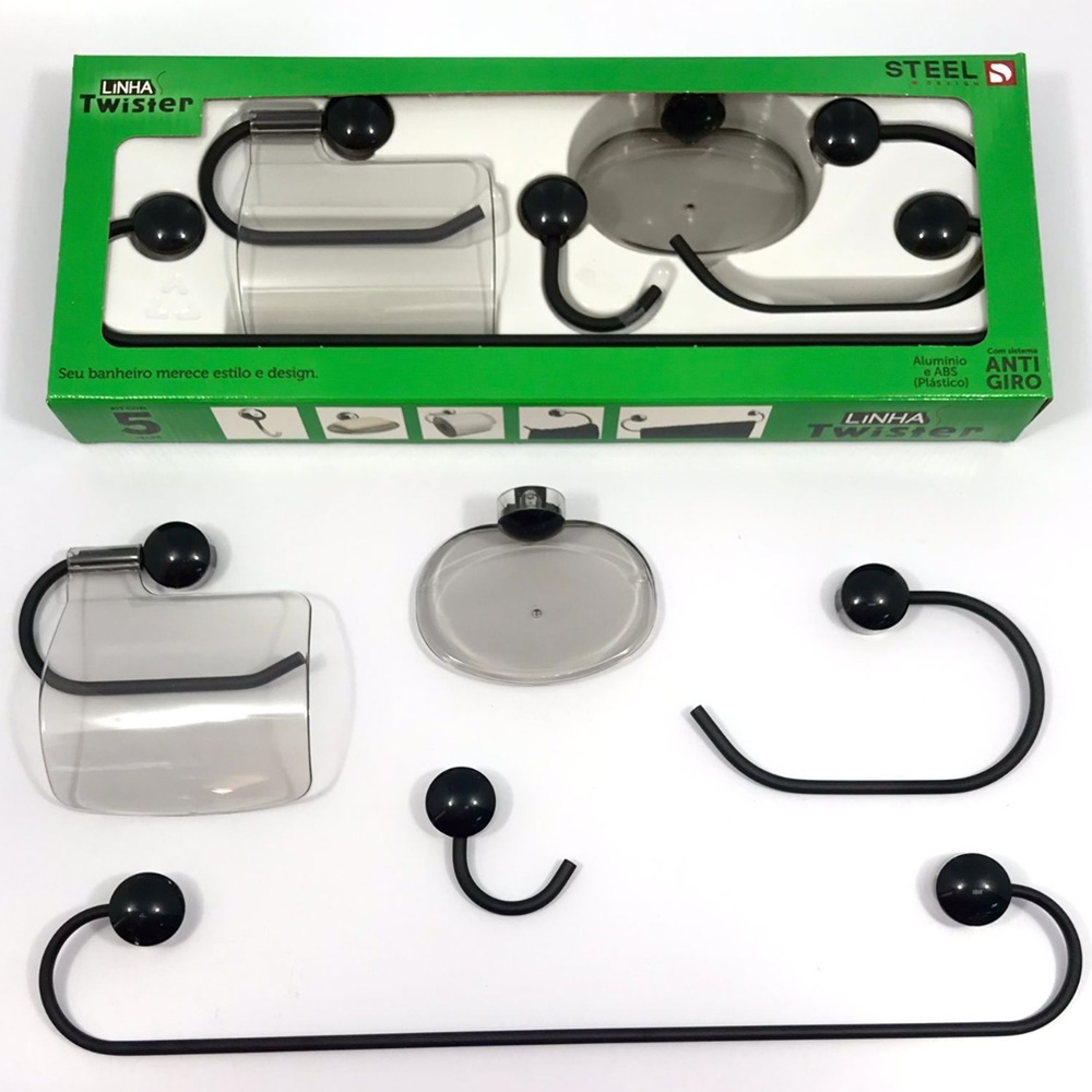 Kit Para Banheiros Acessórios Twister Cromado ou Black Anti-giro 5 Peças Steel  - DOTEC SHOP