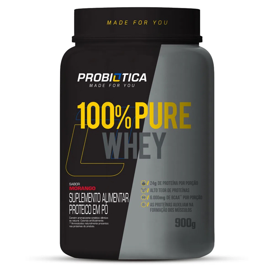 100% Pure Whey Concentrado 900g Sabor Morango Probiótica