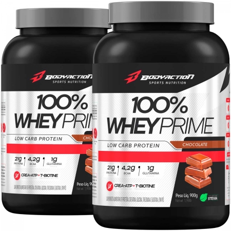 2x Whey 100% Proteína Prime Low Carb Pote 900g - Body Action Sabor Chocolate
