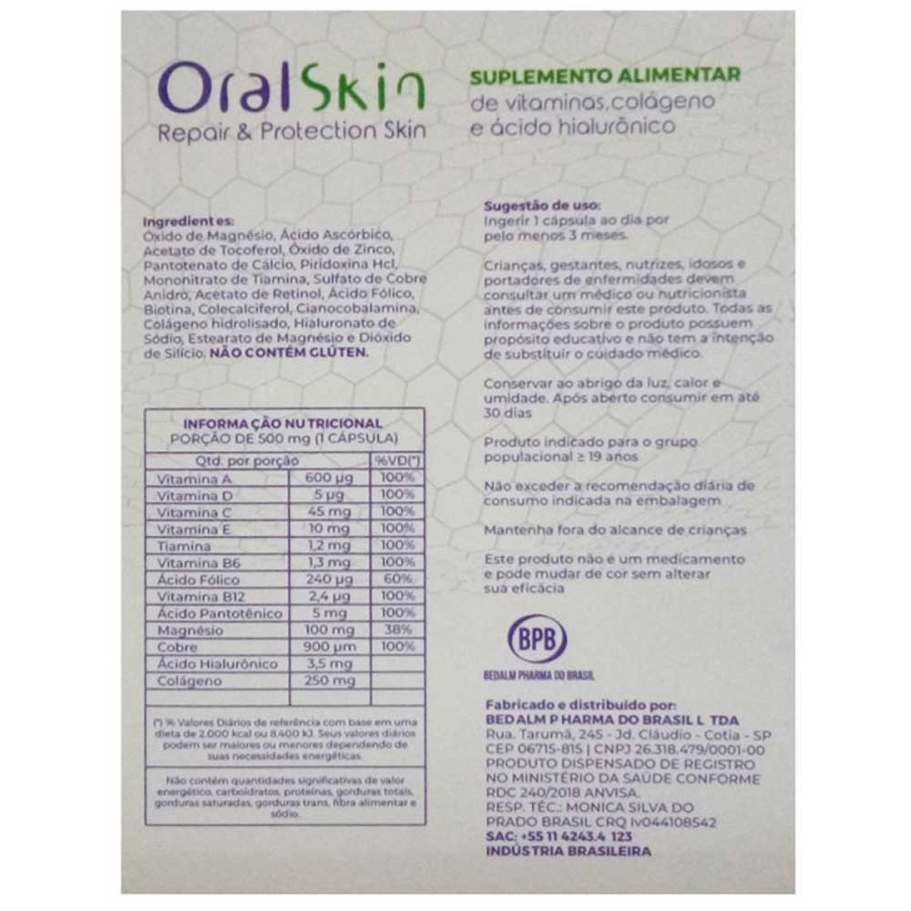 Oral Skin Colágeno Ácido Hialurônico 30 cápsulas Bedalm