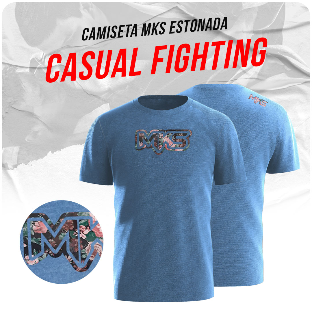 Camiseta MKS Casual Fighting Estonada Azul Royal com Logo Floral