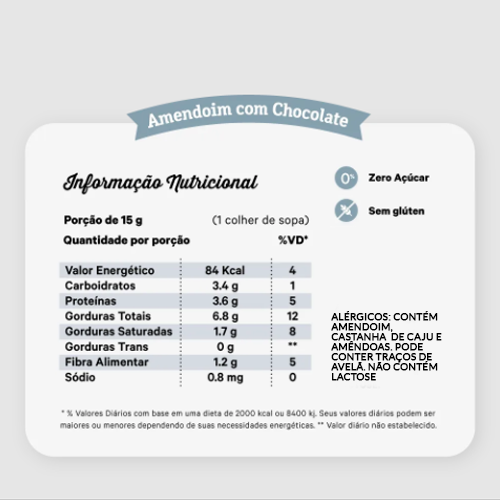 Creme de Amendoim com Chocolate Vegano Zero Açúcar 450g
