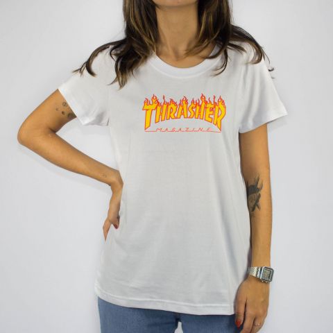 Camiseta Feminina Thrasher Flame Logo Branco