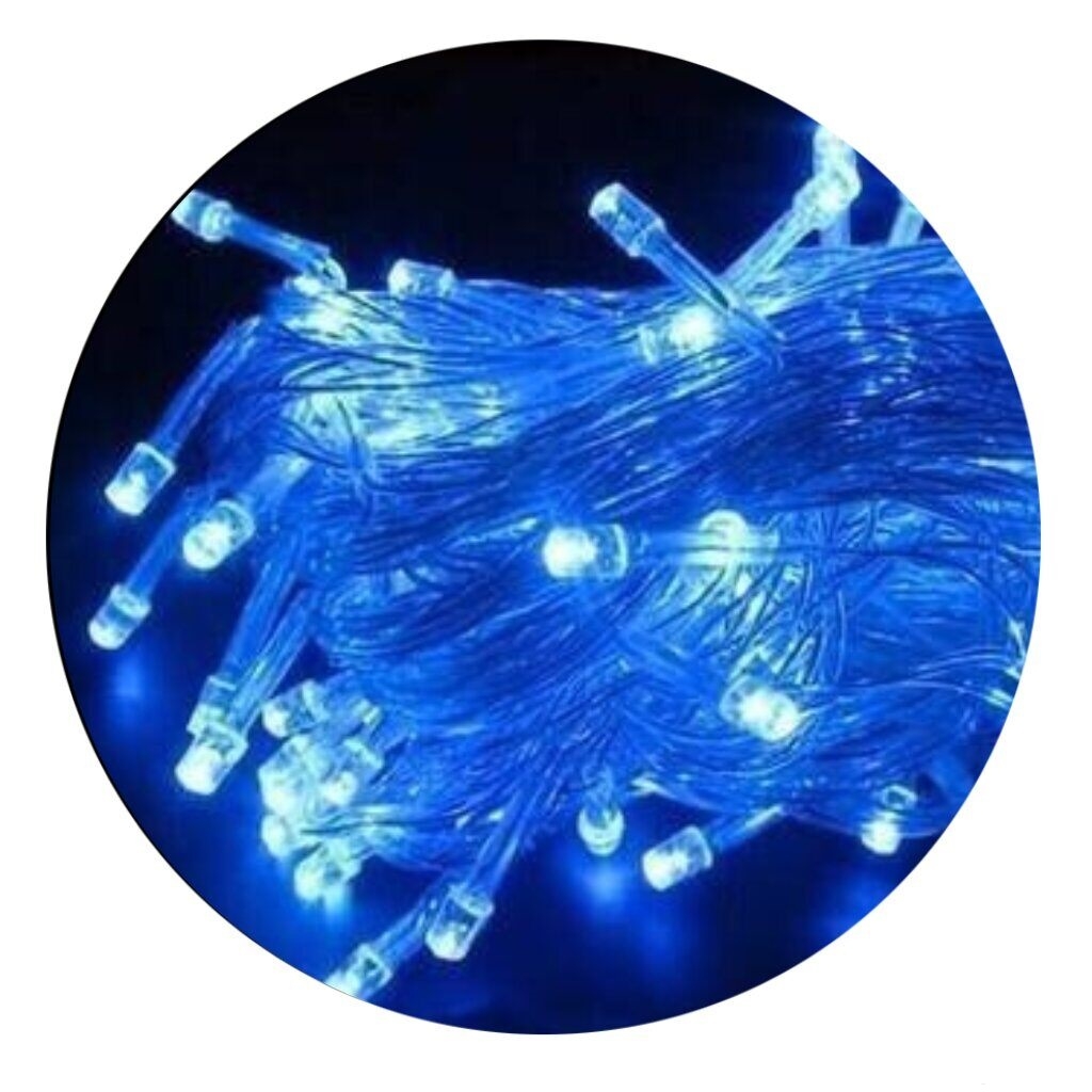 Pisca Cordão 100 Led Fixo Prova D'água Azul C/ Fio Transparente