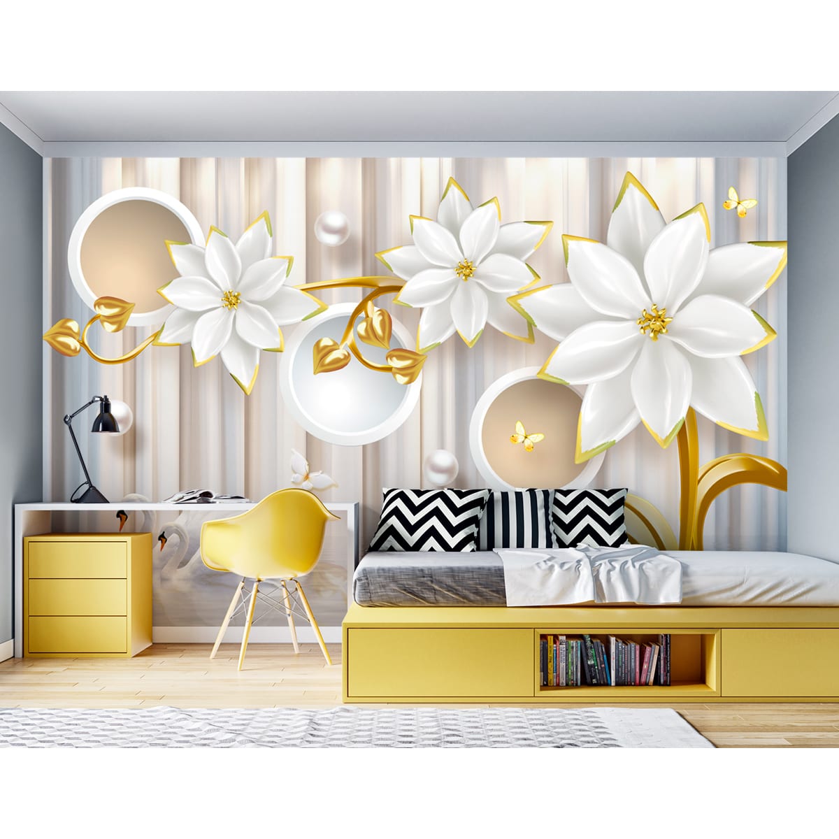 Painel Adesivo - Flores Brancas e Douradas