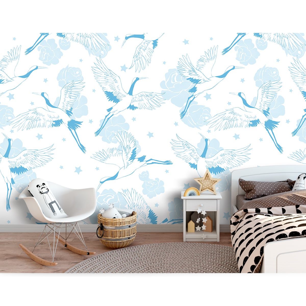 Painel Adesivo - Pássaros E Flores Azuis