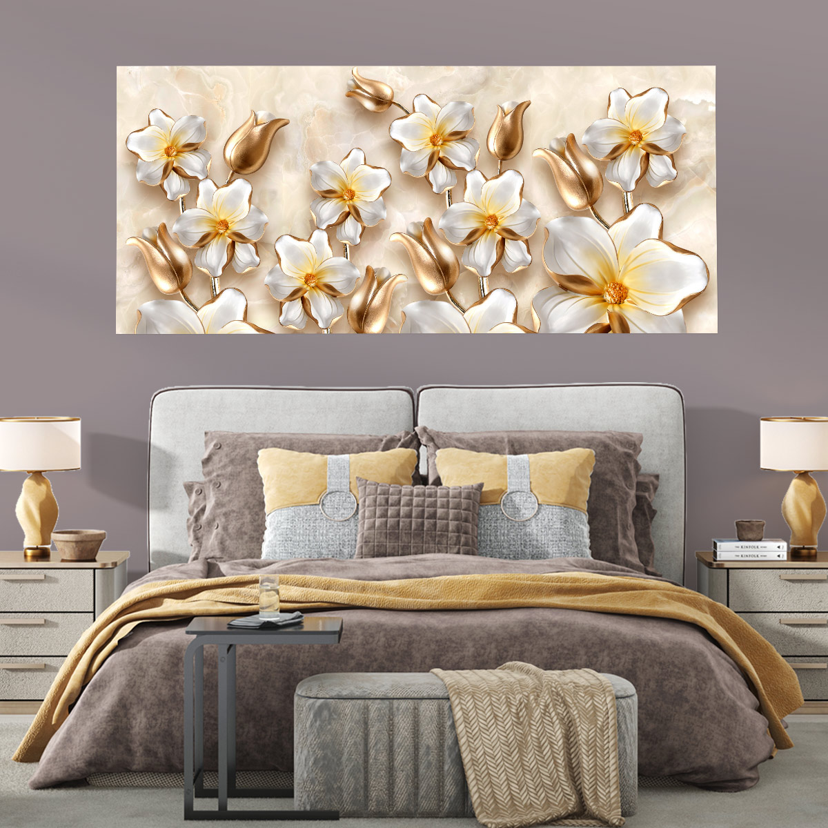 Painel Quadro Adesivo - Flores ouro