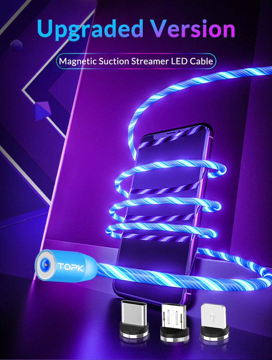 Cabo Magnético LED iluminado - Micro USB, Tipo-C ou Lightning para iPhone - Azul, Vermelho, Verde ou RGB