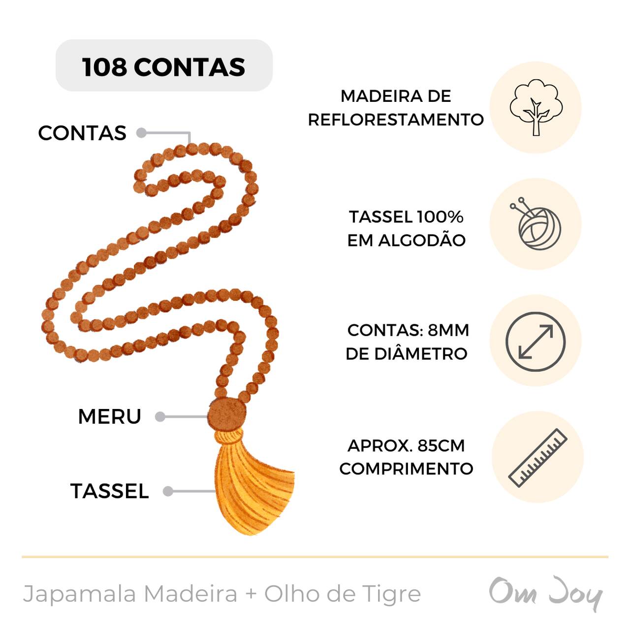 Japamala Madeira Essencial - Cristal Olho de Tigre 108 Contas - Om Joy
