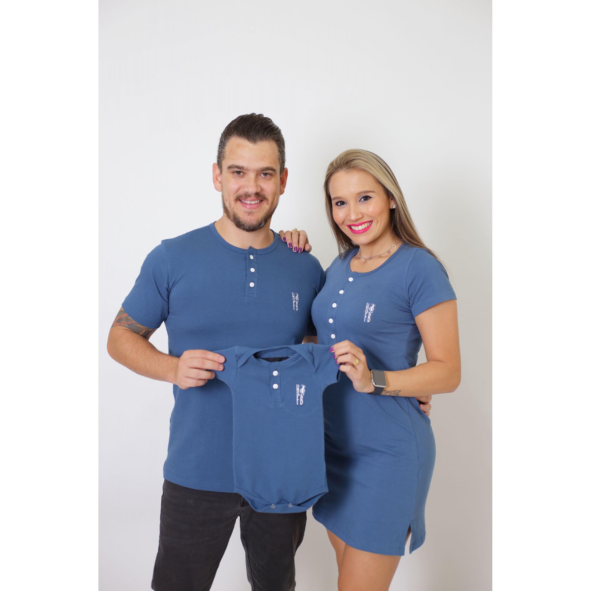 PAIS E FILHOS > Kit 3 Peças T-Shirt + Vestido + Body Unissex Infantil Henley - Azul Petróleo