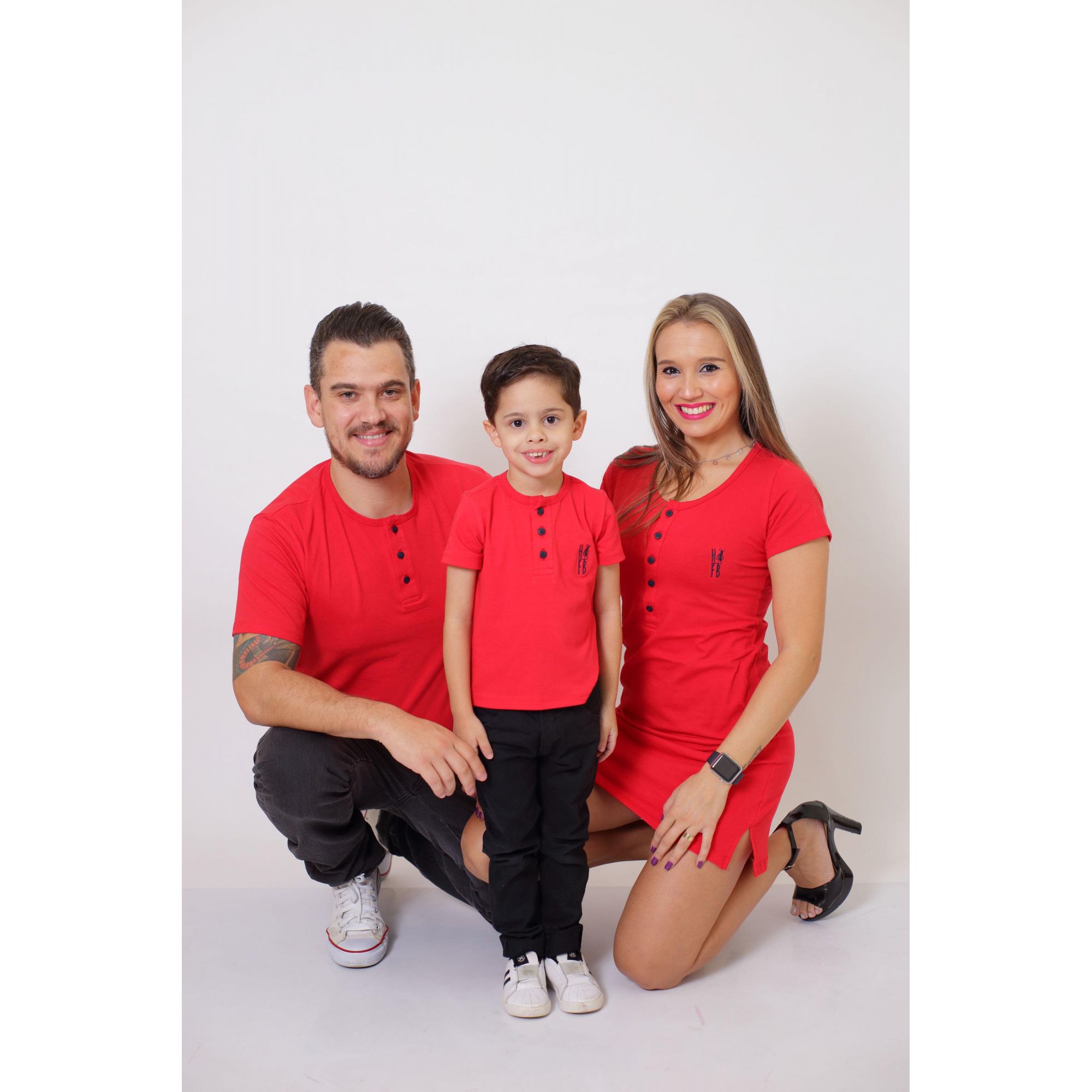 PAIS E FILHOS > Kit 3 Peças T-Shirt + Vestido + t-Shirt ou Body Infantil Henley - Vermelho