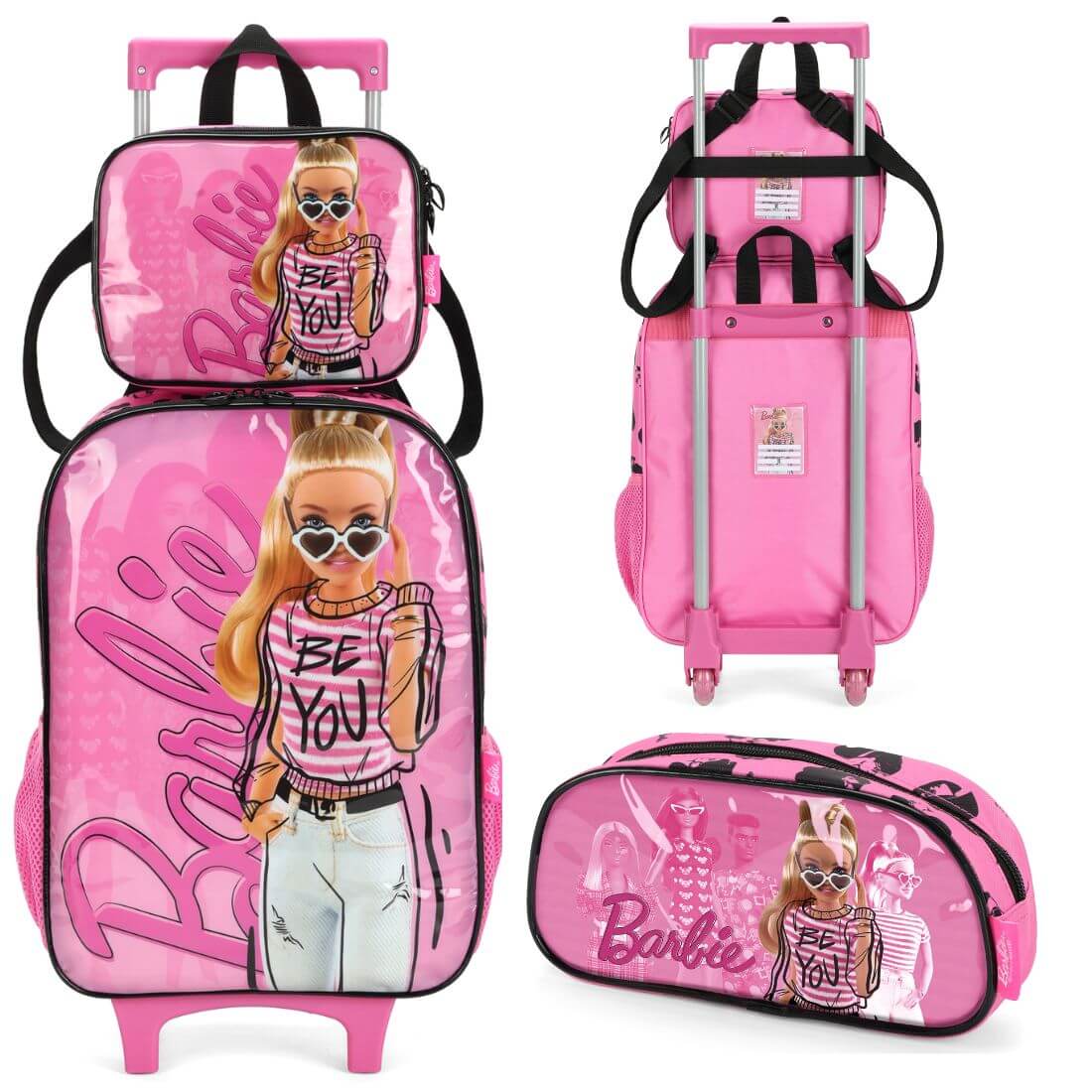 Mochila Infantil Rodinhas Barbie Com Lancheira e Estojo Rosa