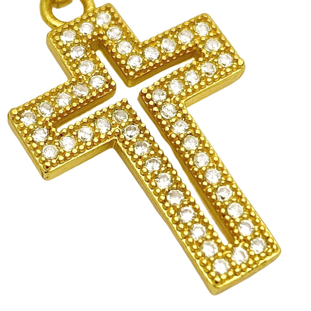 Pingente Crucifixo Cravejado Vazado pedras De Zircônia 2,1cm X 1,4cm (Banho Ouro 24k)