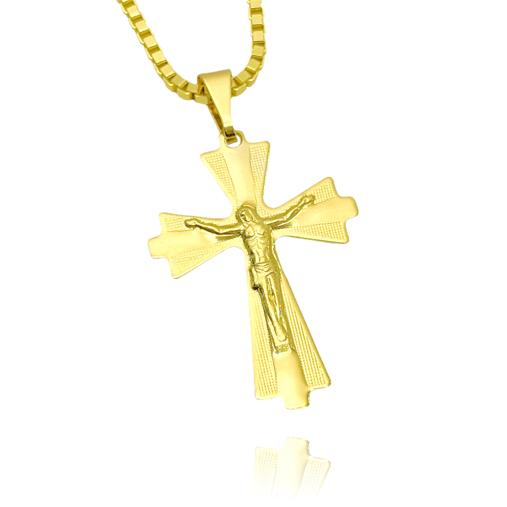 Pingente Cruz c/ Cristo Duas Texturas (3,8cmX2,8cm) (Banho Ouro 24k)