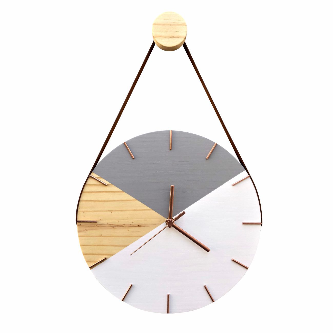 Relógio de Parede Geométrico Branco e Cinza Ponteiros Rose Gold com Alça + Pendurador