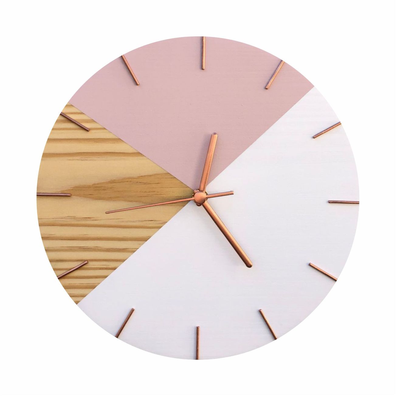 Relógio de Parede Geométrico Branco e Rosa com Detalhes Rose Gold 28cm