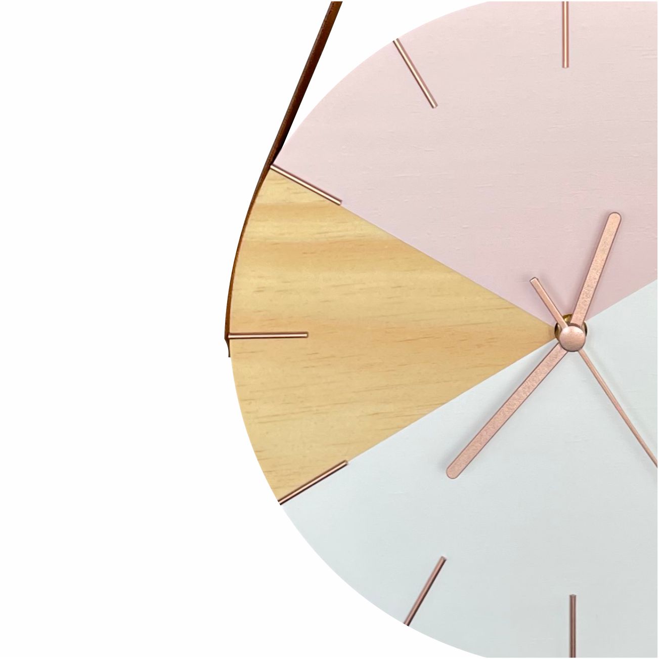 Relógio de Parede Geométrico Branco e Rosa com detalhes Rose Gold com Alça + Pendurador
