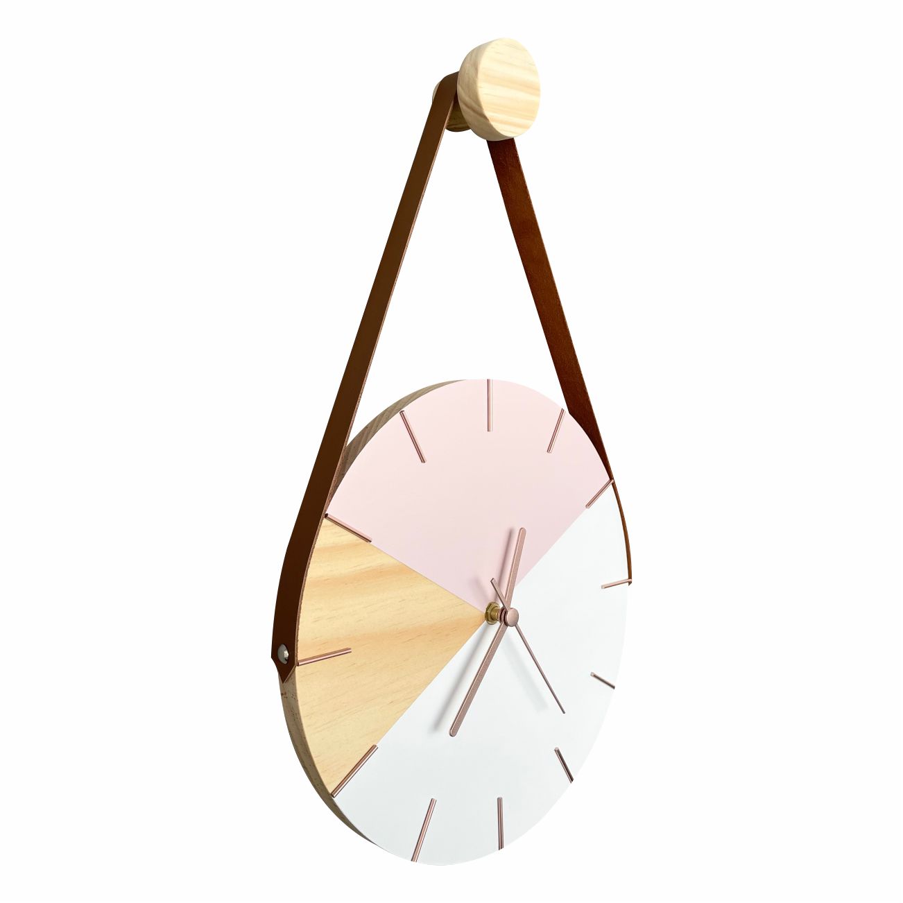 Relógio de Parede Geométrico Branco e Rosa com detalhes Rose Gold com Alça + Pendurador