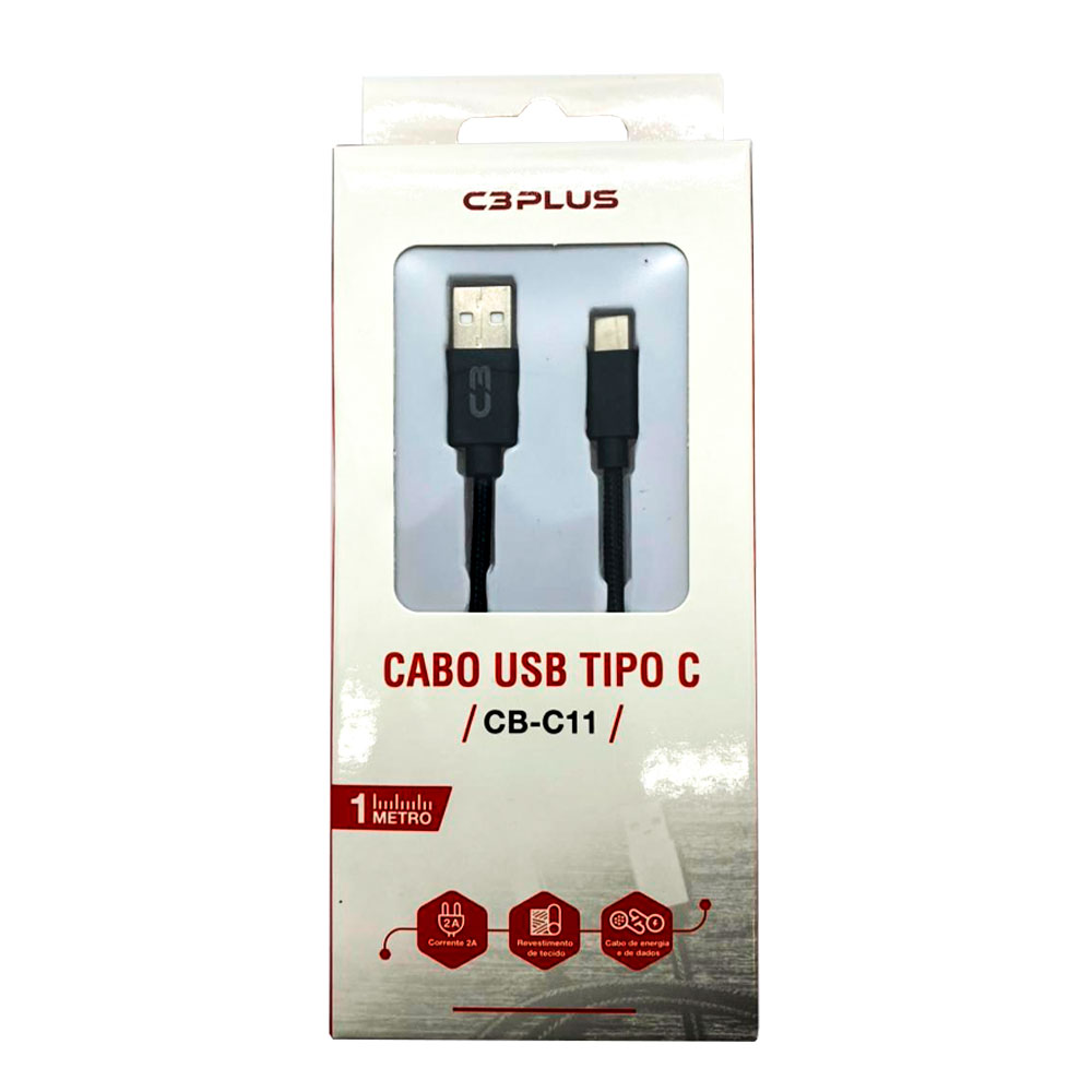 Cabo USB x USB-C 1M Nylon: Preto - C3 PLUS