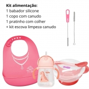 Kit Alimentação Bebê: 1 babador silicone , 1 copo com canudo,  1 pratinho com colher rosa