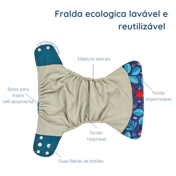 Kit 2 fraldas ecologicas + 4 absorventes - Baby - Safari